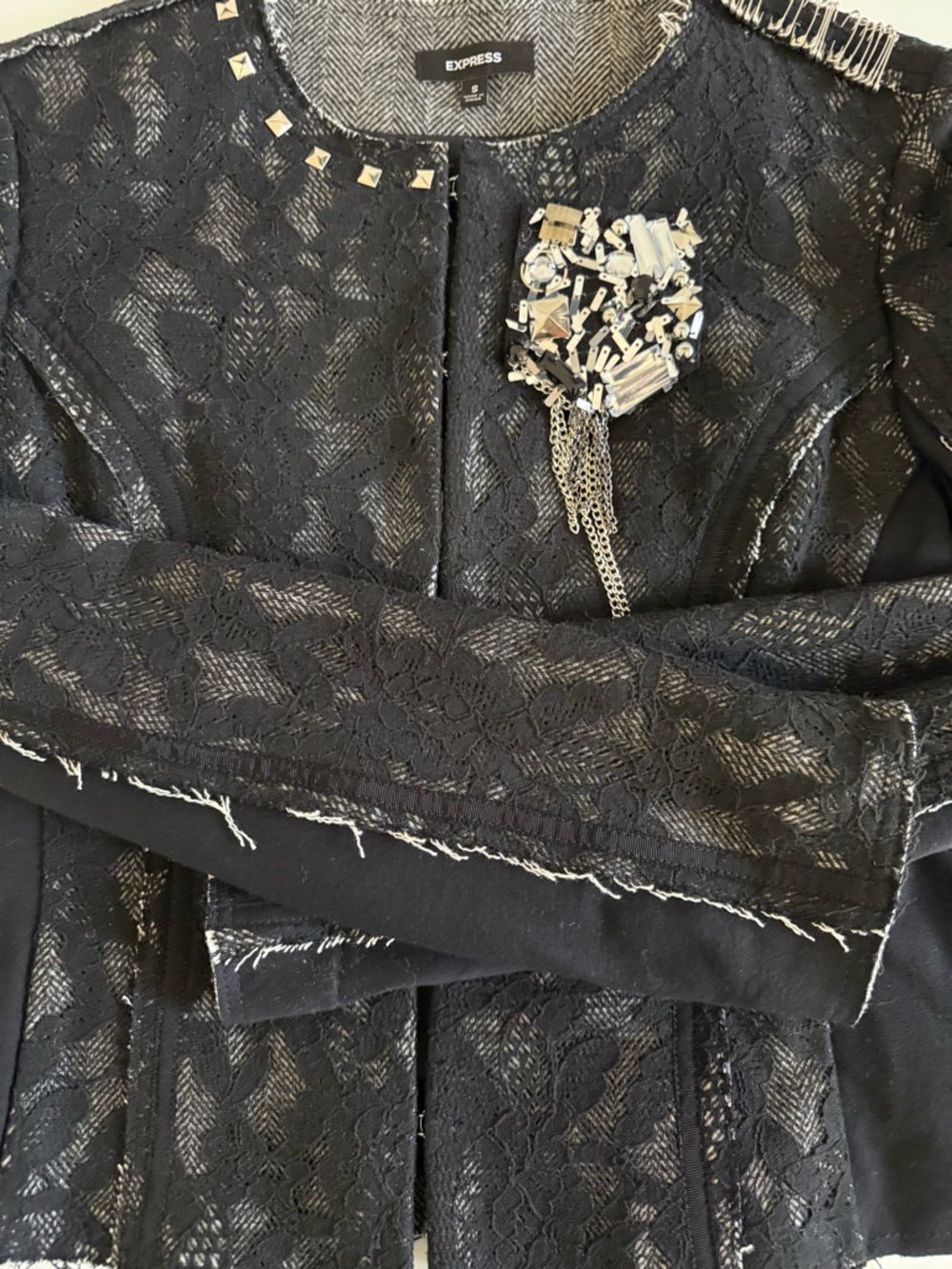 Express Lace Embellished Cropped Jacket | Black Evening Industrial | Size Small - Picture 15 of 16